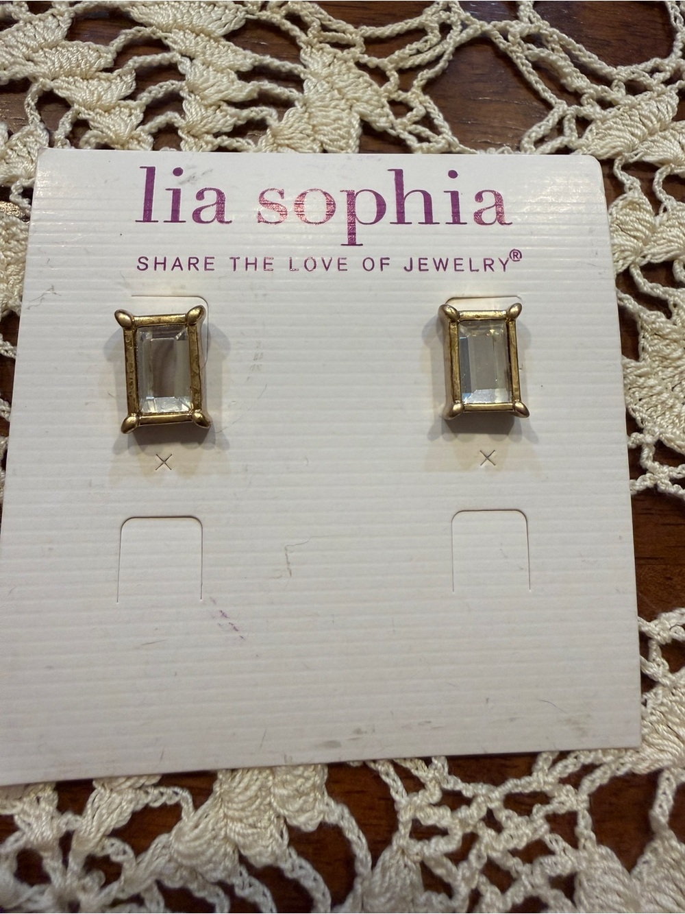 Lia Sophia Gold-Tone Clear Rectangular Stone Stud Earrings ***missing backs ***